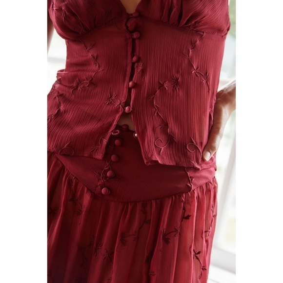 Anthropologie NWT Two Piece Set Burgundy Sheer Embroidered XXS - Picture 3 of 13
